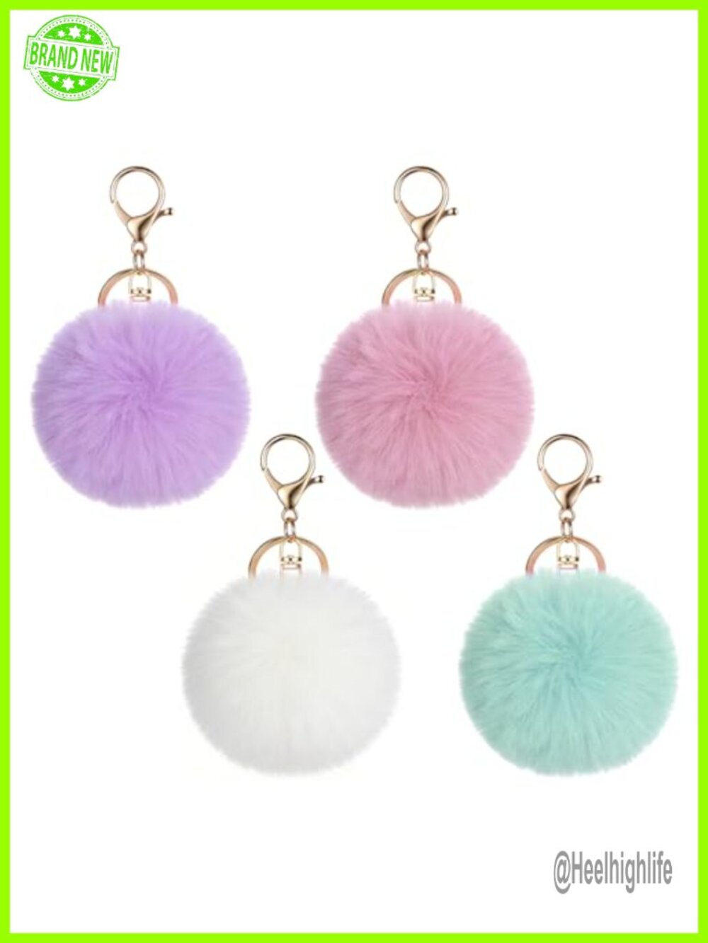4 Pack Plush Pom Pom Keychains, Fluffy Faux Fur Ball Keyrings, Metal Lobster